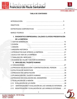 TABLA DE CONTENIDO




INTRODUCCIÓN       ……………………………………………………………… 5

OBJETIVOS          ……………………………………………………………… 6

ESTRATEGIAS CORPORATIVAS          …………………………………………… 7

MARCO TEORICO          ……………………………………………………………8

   1. DIAGNOSTICO EMPRESARIAL CALZADO CLAYEDG PRESENTACIÓN
       DE LA EMPRESA
1.1 DATOS GENERALES        ……………………………………………………… 15
1.2 VISIÓN          ……………………………………………………………… 16
1.3 MISIÓN          ………………………………………………………………. 17
1.4 RESEÑA HISTORICA       ………………………………………………………18
1.5 PRODUCTOS QUE OFRECE LA EMPRESA         ……………………………21
1.6 CICLO DE VIDA DE LA EMPRESA         ………………………………………21
1.7 ANALISIS DEL MERCADO               ……………….………………………22
1.8 CADENA DE VALOR Y SECTOR ECONÓMICO         ………………………25
   2. ANALISIS DEL TALENTO HUMANO
2.1 ORGANIGRAMA        ……………………………………………………………27
2.2 PROCESO DE SELECCIÓN Y CONTRATACIÓN DEL PERSON       …….…33
2.3 POLITICAS DE INCENTIVOS       ………………………………………………34
2.4 PROCESO DE CAPACITACIÓN           …………………………………………...35
2.5 PLANEACIÓN DEL TALENTO HUMANO         …………………………………36
2.6 PROCESO DE EVALUACIÓN DEL DESEMPEÑO        ………………………37
2.7 EVALUACIÓN DE LA MISIÓN       ……………………………………………...38
2.10 EVALUACIÓN DE LA VISIÓN          …………………………………………..38
2.11   IDENTIFICACIÓN Y EVALUACIÓN DE LAS VARIABLES INTERNAS ….39
2.12 IDENTIFICACIÓN Y EVALUACIÓN DE LAS VARIBLES EXTERNAS ….41

                                  3
 