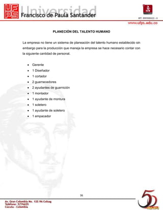 PLANECIÓN DEL TALENTO HUMANO


La empresa no tiene un sistema de planeación del talento humano establecido sin
embargo para la producción que maneja la empresa se hace necesario contar con
la siguiente cantidad de personal.


      Gerente
      1 Diseñador
      1 cortador
      2 guarnecedores
      2 ayudantes de guarnición
      1 montador
      1 ayudante de montura
      1 soletero
      1 ayudante de soletero
      1 empacador




                                      36
 