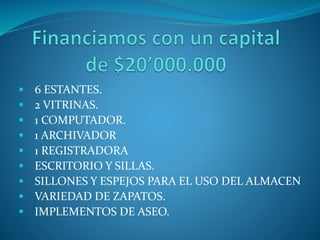  6 ESTANTES. 
 2 VITRINAS. 
 1 COMPUTADOR. 
 1 ARCHIVADOR 
 1 REGISTRADORA 
 ESCRITORIO Y SILLAS. 
 SILLONES Y ESPEJOS PARA EL USO DEL ALMACEN 
 VARIEDAD DE ZAPATOS. 
 IMPLEMENTOS DE ASEO. 
 