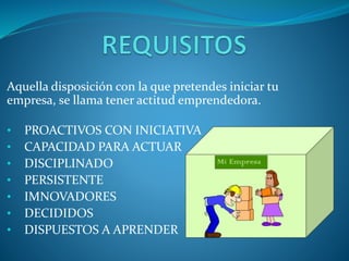 Aquella disposición con la que pretendes iniciar tu 
empresa, se llama tener actitud emprendedora. 
• PROACTIVOS CON INICIATIVA 
• CAPACIDAD PARA ACTUAR 
• DISCIPLINADO 
• PERSISTENTE 
• IMNOVADORES 
• DECIDIDOS 
• DISPUESTOS A APRENDER 
 