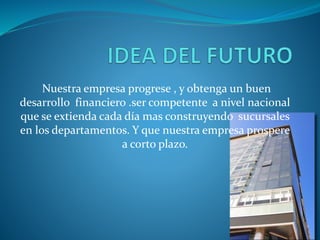 Nuestra empresa progrese , y obtenga un buen 
desarrollo financiero .ser competente a nivel nacional 
que se extienda cada día mas construyendo sucursales 
en los departamentos. Y que nuestra empresa prospere 
a corto plazo. 
 
