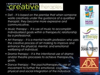 • Def: - It is based on the premise that when someone
works creatively under the guidance of a qualified
therapist, they become more expressive and
communicative.
• Music therapy: - It is use of music to accomplish
individualized goals within a therapeutic relationship
by a professional.
• Art therapy: - It is a mental health profession who uses
the creative process of art making to improve and
enhance the physical, mental, and emotional
wellbeing of individual.
• Drama therapy: - It is the intentional use of drama
and/or theatre processes to achieve therapeutic
goals.
• Dance therapy: - The psychotherapeutic use of
movement to further the emotional, cognitive,
physical and social integration of the individual.

 