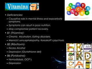 • Deficiencies:
– Causative role in mental illness and exacerbate
symptoms.
– Symptoms can result in poor nutrition.
– May compromise patient recovery.

• B1 (Thiamine)– Chronic Alcoholism, Eating disorders.
– Wernick’s encephalopathy, Korsakoff’s psychosis.

• B2 (Riboflavin)– Excess Alcohol
– Depression (Glutathione def)

• B6 (Pyridoxine)– Hemodialysis, OCP’s.
– Depression

 
