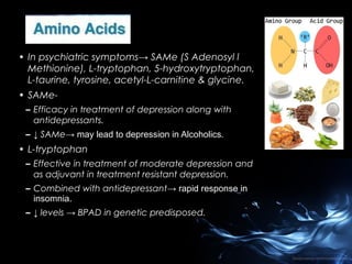 • In psychiatric symptoms→ SAMe (S Adenosyl l
Methionine), L-tryptophan, 5-hydroxytryptophan,
L-taurine, tyrosine, acetyl-L-carnitine & glycine.
• SAMe– Efficacy in treatment of depression along with
antidepressants.
– ↓ SAMe→ may lead to depression in Alcoholics.

• L-tryptophan
– Effective in treatment of moderate depression and
as adjuvant in treatment resistant depression.
– Combined with antidepressant→ rapid response in
insomnia.
– ↓ levels → BPAD in genetic predisposed.

 