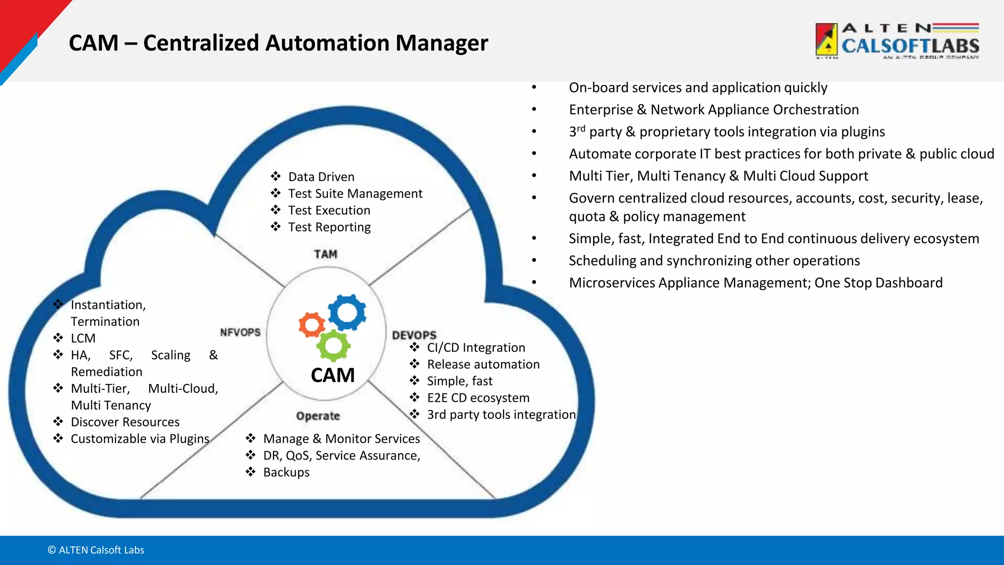 © ALTEN Calsoft Labs
CAM – Centralized Automation Manager
 Instantiation,
Termination
 LCM
 HA, SFC, Scaling &
Remediation
 Multi-Tier, Multi-Cloud,
Multi Tenancy
 Discover Resources
 Customizable via Plugins
 Data Driven
 Test Suite Management
 Test Execution
 Test Reporting
 CI/CD Integration
 Release automation
 Simple, fast
 E2E CD ecosystem
 3rd party tools integration
 Manage & Monitor Services
 DR, QoS, Service Assurance,
 Backups
CAM
• On-board services and application quickly
• Enterprise & Network Appliance Orchestration
• 3rd party & proprietary tools integration via plugins
• Automate corporate IT best practices for both private & public cloud
• Multi Tier, Multi Tenancy & Multi Cloud Support
• Govern centralized cloud resources, accounts, cost, security, lease,
quota & policy management
• Simple, fast, Integrated End to End continuous delivery ecosystem
• Scheduling and synchronizing other operations
• Microservices Appliance Management; One Stop Dashboard
 
