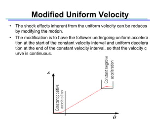 • The shock effects inherent from the uniform velocity can be reduces
by modifying the motion.
• The modification is to have the follower undergoing uniform accelera
tion at the start of the constant velocity interval and uniform decelera
tion at the end of the constant velocity interval, so that the velocity c
urve is continuous.
Modified Uniform Velocity
 