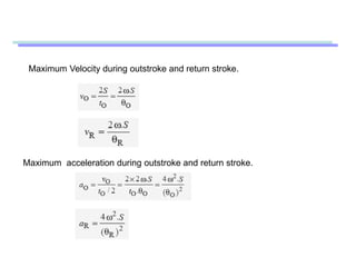 Maximum Velocity during outstroke and return stroke.
Maximum acceleration during outstroke and return stroke.
 