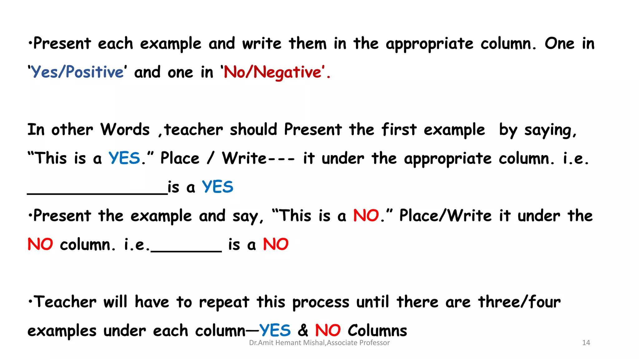 •Present each example and write them in the appropriate column. One in
‘Yes/Positive’ and one in ‘No/Negative’.
In other Words ,teacher should Present the first example by saying,
“This is a YES.” Place / Write--- it under the appropriate column. i.e.
______________is a YES
•Present the example and say, “This is a NO.” Place/Write it under the
NO column. i.e._______ is a NO
•Teacher will have to repeat this process until there are three/four
examples under each column—YES & NO Columns
Dr.Amit Hemant Mishal,Associate Professor 14
 