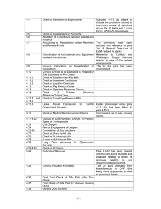xiv
4.4 Check of Sanctions for Expenditure Sub-para 4.4.3 (e) added to
include the provisions related to
mandatory review of sanctions
above Rs. 50 lakhs and 1 crore
by Dy. CA/CCAs respectively.
4.5 Check of Classification in Accounts
4.6 Allocation of Expenditure between Capital and
Revenue
4.7 Accounting of Transactions under Reserves
and Reserve Funds
The provisions have been
updated and reference to para
3.4 of General Directions of
LMMH added for clarity.
4.8 Classification of Aid Materials and Equipment
received from Abroad
Reference to London and
Washington Supply Missions
deleted in view of the revised
arrangements.
4.9 General Instructions on Classification of
Expenditure
Title to the para has been
incorporated.
4.10 General Checks to be Exercised in Respect of
Bills Submitted for Pre-Check
4.11.1 Check of Establishment Pay Bills
4.11.2 Check of Increment Certificates
4.11.3 Check of Last Pay Certificate
4.12 Check of Pay Fixation Cases
4.13 Check of Overtime Allowance Claims
4.14 Check of Children Education
Allowance/Tuition Fees
4.15.1 and
4.15.2
Check of Travelling Allowance Bills
4.15.3 Leave Travel Concession to Central
Government Servants
Earlier provisioned under para
4.16, this has been taken to
para 4.15.3.
4.16 Check of Medical Reimbursement Claims Incorporated as it was missing
earlier.
4.17-4.22 Classes of Contingencies- Checks on Various
Types of Contingencies
4.23 Call Charges
4.24 Fee for Engagement of Lawyers
4.25-26 Cancellation of Sub Vouchers
4.27 Check of Grant in Aid bills
4.28 Check of Scholarship bills
4.29 Loans and Advances Bills
4.30 Long Term Advances to Government
Servants
4.31-4.33 Check of Contracts
4.34 Refunds of Revenue Para 4.34.2 has been deleted
with the para being obsolete and
irrelevant relating to refund of
revenues relating to pre
departmentalization period.
4.35 General Provident Fund Bills Title of para changed from
Miscellaneous to GPF Bills
being more appropriate in view
of provisions therein.
4.36 Final Post Check of Bills Paid after Pre-
Check
4.37 Post Check of Bills Paid by Cheque Drawing
DDOs
4.38 Merged DDO Scheme
 