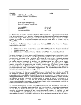 (-) Credit Credit
Rs.100,000 8009 State Provident Fund
- General Provident Fund (Others)
To
8009- State Provident Fund
- General Provident Fund (Others)
Merged DDO-X Rs. 10,000
Merged DDO-Y Rs. 20,000
Non Merged DDOs Rs. 70,000
(iv) Maintenance of detailed accounts in the form of Provident Fund Ledgers and/or broad sheets
shall be discontinued in Pay & Accounts Offices for the Secretariat staff whose GPF balances stand
transferred to merged DDOs. Monthly and annual reconciliation sheets as per Annexure I & II to this
chapter will be used for reconciliation between the balances in the books of the PAO and the
Merged DDO.
(v) In the case of officials coming on transfer under the merged DDO during the course of a year,
which may be of two kinds-
i. DDOs involved in the transfer being under different PAOs either in the same Ministry or
different Ministries, and
ii. DDOs involved in the transfer being under the same PAO in the Ministry/Department.
In respect of category (i) above, where the DDOs involved in the transfer are under different PAOs,
the transfer of GPF balance will be done through monetary settlement. In such cases, when the
transfer advice is received by the PAO along with cheque, he should forward the transfer advice to
the merged DDO under whom the Govt. servant has come on transfer, intimating the month in which
the cheque has been adjusted in the accounts. The DDO will note the GPF balance at the close of
the last financial year as well as the outstanding advances, in the appropriate columns in PBR.
Monthly subscriptions recovered during the course of the year up to the month of transfer will also
be noted in the Section "Deductions/Recoveries" in the body of the PBR, under the appropriate
column indicating the month to which each recovery relates. The entry will be made as though the
transactions have occurred under the merged DDO.
In respect of category (ii) above, where the DDOs involved in the transfer are under the same PAO,
the transfer of balances will be carried out through a transfer entry. The transfer entry will be
prepared by treating each DDO under the PAO, whether or not covered by the merger scheme, as a
separate detailed Head under the same Major Head "8009-State Provident Fund-General Provident
Fund-Others" as already mentioned previously. Action for transfer of balance in this case will be
initiated by the merged DDO who will allot a fresh GPF account number to the incumbent
Government servant and immediately furnish details of such Government servant to the PAO, so
that he can transfer the balance to the merged DDO.
(vi) Sanctions for temporary advances and part-final withdrawals from the GPF will continue to be
obtained and sent to the Cash Branch as before. Until the PAO reports the outstanding balances as
on 31st March of the last financial year to the DDO for being taken in the PBR, copies of the
sanctions will continue to be attached with the bills submitted to the PAO for payment. This is to
enable the PAO to ensure that the balance at credit covers the amounts drawn on the bill. Once the
balances are transferred, the copies of sanctions will not be required to be attached with the claims.
130
 