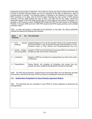 irrespective of actual date of retirement. The criteria for issuing new serial numbers will be the date
of issue of Pension Payment Orders and has no relevance to the date of retirement or date of
commencement of pension. The following system is followed for the allotment of numbers. Each
PPO comprises of 12 digits, with the first five digits indicating the code number of PPO Issuing
Authority, next two digits indicate the year of issue, and after this the four digits indicate the
sequential number of the PPO while the last digit is a check digit for the purpose of computer. For
example, a PPO bearing number 709650601302 implies that PPO has been issued by AG Madhya
Pradesh, in the year 2006 and is the 130th PPO issued by that PPO issuing authority, and is allotted
computer code-2.
7.3.4 In order that pension is disbursed to the pensioner on due date, the various authorities
involved will observe the following time schedule.
Name of the
Authority
Time Schedule
1 PPO Issuing
Authority
Dispatch/Delivery of PPO by the Accounts Officer to the Central Pension
Accounting Office in case of payment through Authorised Bank or to the
pensioner opting to draw pension from Departmentalized Pay and
2 Central Pension
Accounting Office
Dispatch of PPO by Central Pension Accounting Office to Link Branch of
the Bank by 20th of the month of retirement.
3 Link Branch Dispatch of PPO by Link Branch to paying Branch by 23rd of the month
of retirement.
4 Paying Branch Paying Branch will complete all formalities and ensure that the
pension has been credited to the pensioner’s account on due date.
7.3.5 The PPO Issuing Authority, Central Pension Accounting Office and Link Branches will keep
the pensioner informed of the issue of PPO and about its subsequent movement at all stages.
7.4 Authorities Competent to issue Pension payment Orders.
7.4.1 The authorities who are competent to issue PPOs to various categories of pensioners are
indicated below :
137
 
