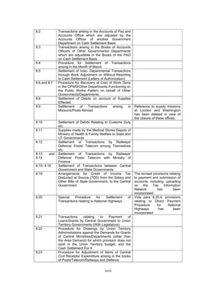 xvii
8.2 Transactions arising in the Accounts of Pay and
Accounts Office which are adjusted by the
Accounts Officer of another Government
Department on Cash Settlement Basis
8.3 Transactions arising in the Books of Accounts
Officers of Other Governments/ Departments
which are adjustable in the Books of the PAO
on Cash Settlement Basis
8.4 Procedure for Settlement of Transactions
arising in the Month of March
8.5 Settlement of Inter- Departmental Transactions
through Book Adjustment or Without Resorting
to Cash Settlement (Letters of Authorization)
8.6 and 8.7 Procedure for Recovery of Cost of Work Done
in the CPWD/Other Departments Functioning on
the Public Works Pattern on behalf of Other
Governments/Departments
8.8 Settlement of Debits on account of Supplies
Effected
8.9 Settlement of Transactions arising in
Missions/Posts Abroad
Reference to supply missions
at London and Washington
has been deleted in view of
the closure of these offices.
8.10 Settlement of Debits Relating to Customs Duty
etc.
8.11 Supplies made by the Medical Stores Depots of
Ministry of Health & Family Welfare to State and
UT Governments
8.12 Settlement of Transactions by Railways/
Defence/ Posts/ Telecom among Themselves
etc.
8.13 and
8.14
Settlement of Transactions by Railways/
Defence/ Posts/ Telecom with Ministry of
Finance
8.15- 8.18 Settlement of Transactions between Central
Government and State Governments
8.19 Arrangements for Credit of Income Tax
Deducted at Source (TDS) from the Salary and
Other Bills of State Government, to the Central
Government
The revised provisions relating
to payment and submission of
accounts including uploading
on the Tax Information
Network has been
incorporated.
8.20 Special Procedure for Settlement of
Transactions relating to National Highways
Vide para 8.20.4, provisions
relating to Direct Payment
Procedure for National
Highways has been
incorporated.
8.21 Transactions relating to Payment of
Loans/Grants by Central Government to Union
Territory Governments (With Legislature)
8.22 Procedure for Drawings by Union Territory
Administrations against the Demands for Grants
of Central Ministries/Departments (other than
the Area Demand) for which provision does not
exist in the Union Territory budget, and the
Cash Settlement For It
8.23 Procedure for Adjustment of Items of Central
Civil Receipts/ Expenditure arising in the books
of Posts/Telecom/Railways and Defence
 