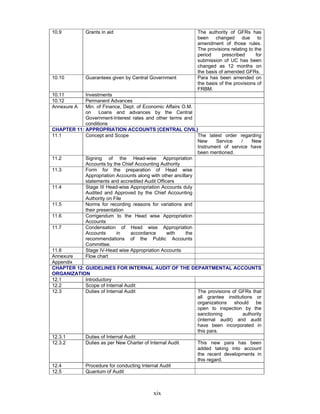 xix
10.9 Grants in aid The authority of GFRs has
been changed due to
amendment of those rules.
The provisions relating to the
period prescribed for
submission of UC has been
changed as 12 months on
the basis of amended GFRs.
10.10 Guarantees given by Central Government Para has been amended on
the basis of the provisions of
FRBM.
10.11 Investments
10.12 Permanent Advances
Annexure A Min. of Finance, Dept. of Economic Affairs O.M.
on Loans and advances by the Central
Government-Interest rates and other terms and
conditions
CHAPTER 11: APPROPRIATION ACCOUNTS (CENTRAL CIVIL)
11.1 Concept and Scope The latest order regarding
New Service / New
Instrument of service have
been mentioned.
11.2 Signing of the Head-wise Appropriation
Accounts by the Chief Accounting Authority
11.3 Form for the preparation of Head wise
Appropriation Accounts along with other ancillary
statements and accredited Audit Officers
11.4 Stage III Head-wise Appropriation Accounts duly
Audited and Approved by the Chief Accounting
Authority on File
11.5 Norms for recording reasons for variations and
their presentation
11.6 Corrigendum to the Head wise Appropriation
Accounts
11.7 Condensation of Head wise Appropriation
Accounts in accordance with the
recommendations of the Public Accounts
Committee.
11.8 Stage IV-Head wise Appropriation Accounts
Annexure Flow chart
Appendix
CHAPTER 12: GUIDELINES FOR INTERNAL AUDIT OF THE DEPARTMENTAL ACCOUNTS
ORGANIZATION
12.1 Introductory
12.2 Scope of Internal Audit
12.3 Duties of Internal Audit The provisions of GFRs that
all grantee institutions or
organizations should be
open to inspection by the
sanctioning authority
(internal audit) and audit
have been incorporated in
this para.
12.3.1 Duties of Internal Audit
12.3.2 Duties as per New Charter of Internal Audit This new para has been
added taking into account
the recent developments in
this regard.
12.4 Procedure for conducting Internal Audit
12.5 Quantum of Audit
 