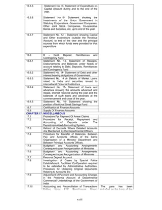 xxiii
16.5.5 Statement No.10- Statement of Expenditure on
Capital Account during and to the end of the
year.
16.5.6 Statement No.11- Statement showing the
Investments of the Union Government in
Statutory Corporations, Government Companies,
Other Joint Stock Companies, Co-operative
Banks and Societies, etc, up to end of the year
16.5.7 Statement No. 12 - Statement showing Capital
and Other expenditure (outside the Revenue
Account) to end of the year and the principal
sources from which funds were provided for that
expenditure
16.6 B – Debt, Deposit, Remittances and
Contingency Fund
16.6.1 Statement No. 13- Statement of Receipts,
Disbursements and Balances under heads of
account relating to Debt, Deposits, Remittances
and Contingency Fund
16.6.2 Statement No. 14- Statement of Debt and other
interest bearing obligations of Government.
16.6.3 Statement No. 14 A- Details of Market Loans
raised in India and securities issued to
international Financial Institutions
16.6.4 Statement No. 15- Statement of loans and
advances showing the amounts advanced and
repaid, interest received during the year and the
balances of such loans and advances at the
commencement and close of the year.
16.6.5 Statement No. 16- Statement showing the
position of National Small Savings Fund
16.7 Certification of Finance Accounts
16.8 Supply Of Finance Accounts
CHAPTER 17: MISCELLANEOUS
17.1 Procedure For Payment Of Arrear Claims
17.2 Procedure for Receipt, Repayment and
Accounting of Deposits under The
Departmentalized Accounting System
17.3 Refund of Deposits Where Detailed Accounts
Are Maintained By the Departmental Officers
17.4 Procedure for Transfer of Balances, Between
Pay and Accounts Offices of the Same
Organisation of a Ministry/ Department and
Between Principal Accounts Offices.
17.5 Budgetary and Accounting Arrangements
Consequent upon Reorganization of Ministries
17.6 Budgetary and Accounting Arrangements
Consequent upon Reorganization of Ministries
17.7 Personal Deposit Account
17.8 Investigation of Cases by Special Police
Establishment: Facilities/ Co-Operation required
to be extended by Administrative Authorities,
Procedure for Obtaining Original Documents
Relating to Accounts Etc
17.9 Adjustment of Payment and Accounting Charges
in the Proforma Account of Departmental
Commercial Undertakings of the Government of
India
17.10 Accounting and Reconciliation of Transactions
Falling Under P W Remittances Forest
The para has been
redrafted on the basis of the
 