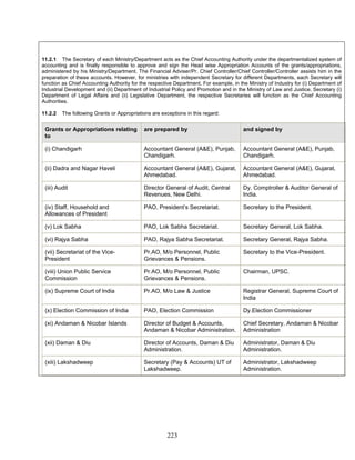 11.2.1 The Secretary of each Ministry/Department acts as the Chief Accounting Authority under the departmentalized system of
accounting and is finally responsible to approve and sign the Head wise Appropriation Accounts of the grants/appropriations,
administered by his Ministry/Department. The Financial Adviser/Pr. Chief Controller/Chief Controller/Controller assists him in the
preparation of these accounts. However, for ministries with independent Secretary for different Departments, each Secretary will
function as Chief Accounting Authority for the respective Department. For example, in the Ministry of Industry for (i) Department of
Industrial Development and (ii) Department of Industrial Policy and Promotion and in the Ministry of Law and Justice, Secretary (i)
Department of Legal Affairs and (ii) Legislative Department, the respective Secretaries will function as the Chief Accounting
Authorities.
11.2.2 The following Grants or Appropriations are exceptions in this regard:
Grants or Appropriations relating
to
are prepared by and signed by
(i) Chandigarh Accountant General (A&E), Punjab,
Chandigarh.
Accountant General (A&E), Punjab,
Chandigarh.
(ii) Dadra and Nagar Haveli Accountant General (A&E), Gujarat,
Ahmedabad.
Accountant General (A&E), Gujarat,
Ahmedabad.
(iii) Audit Director General of Audit, Central
Revenues, New Delhi.
Dy. Comptroller & Auditor General of
India.
(iv) Staff, Household and
Allowances of President
PAO, President’s Secretariat. Secretary to the President.
(v) Lok Sabha PAO, Lok Sabha Secretariat. Secretary General, Lok Sabha.
(vi) Rajya Sabha PAO, Rajya Sabha Secretariat. Secretary General, Rajya Sabha.
(vii) Secretariat of the Vice-
President
Pr.AO, M/o Personnel, Public
Grievances & Pensions.
Secretary to the Vice-President.
(viii) Union Public Service
Commission
Pr.AO, M/o Personnel, Public
Grievances & Pensions.
Chairman, UPSC.
(ix) Supreme Court of India Pr.AO, M/o Law & Justice Registrar General, Supreme Court of
India
(x) Election Commission of India PAO, Election Commission Dy.Election Commissioner
(xi) Andaman & Nicobar Islands Director of Budget & Accounts,
Andaman & Nicobar Administration.
Chief Secretary, Andaman & Nicobar
Administration
(xii) Daman & Diu Director of Accounts, Daman & Diu
Administration.
Administrator, Daman & Diu
Administration.
(xiii) Lakshadweep Secretary (Pay & Accounts) UT of
Lakshadweep.
Administrator, Lakshadweep
Administration.
223
 