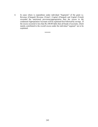 4. In cases where is expenditure under individual “Segments” of the grant i.e.
Revenue (Charged) Revenue (Voted ) Capital (Charged) and Capital (Voted)
exceeded the sanctioned provisions/appropriation then the excess in the
condensed Appropriation Accounts will be explained first followed by savings. If
the excess occurred is less than Rs.100.00 lakhs then all heads of accounts, which
mainly contributed to the overall excess under the individual “segment” are to be
explained.
******
245
 