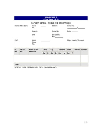ANNEXURE 2
(Vide Para 15.5)
PAYMENT SCROLL - INCOME AND DIRECT TAXES
Name of the Bank Code
No.
........... Station: Serial No.
___________/________
Branch Code No. Date: ..............
DO DO CODE
NO._________
ZAO
________________
ZAO
Code
No.
__________
_
Major Head of Account.
Cash Clg. Transfer Total
Sr.
No.
I.T.R.O.
No.
Name of the
assessee
Rs. P. Rs. P. Rs. p. Rs. P
Initials Remark
Total
SCROLL TO BE PREPARED BY EACH PAYING BRANCH
312
 