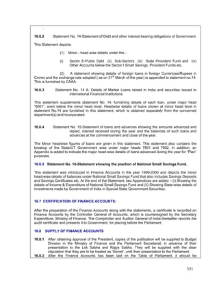 .
16.6.2 Statement No. 14-Statement of Debt and other interest bearing obligations of Government.
This Statement depicts:
16.6.4 Statement No. 15-Statement of loans and advances showing the amounts advanced and
repaid, interest received during the year and the balances of such loans and
advances at the commencement and close of the year.
The Minor headwise figures of loans are given in this statement. This statement also contains the
breakup of the State/UT Government wise under major heads 7601 and 7602. In addition, an
Appendix is added to indicate the major head-wise details of loans advanced during the year for “Plan”
purposes.
16.6.5 Statement No. 16-Statement showing the position of National Small Savings Fund.
This statement was introduced in Finance Accounts in the year 1999-2000 and depicts the minor
head-wise details of balances under National Small Savings Fund that also includes Savings Deposits
and Savings Certificates etc. At the end of the Statement, two Appendices are added – (i) Showing the
details of Income & Expenditure of National Small Savings Fund and (ii) Showing State-wise details of
investments made by Government of India in Special State Government Securities.
(1) Minor - head wise details under the -
(i) Sector E-Public Debt (ii) Sub-Sectors (iii) State Provident Fund and (iv)
Other Accounts below the Sector I Small Savings, Provident Funds etc.
(2) A statement showing details of foreign loans in foreign Currencies/Rupees in
Crores and the exchange rate adopted ( as on 31st
March of the year) is appended to statement no.14.
This is furnished by CAAA.
16.6.3 Statement No. 14 A- Details of Market Loans raised in India and securities issued to
international Financial Institutions
This statement supplements statement No. 14, furnishing details of each loan, under major head
“6001”, even below the minor head level. Headwise details of loans shown at minor head level in
statement No.14 are furnished in this statement, which is obtained separately from the concerned
department(s) and incorporated.
16.7 CERTIFICATION OF FINANCE ACCOUNTS:
After the preparation of the Finance Accounts along with the statements, a certificate is recorded on
Finance Accounts by the Controller General of Accounts, which is countersigned by the Secretary
Expenditure, Ministry of Finance. The Comptroller and Auditor General of India thereafter records the
audit certificate and presents it to Government, for placing before the Parliament.
16.8 SUPPLY OF FINANCE ACCOUNTS
16.8.1 After obtaining approval of the President, copies of the publication will be supplied to Budget
Division in the Ministry of Finance and the Parliament Secretariat, in advance of their
presentation to the Lok Sabha and Rajya Sabha. They will be supplied with the clear
stipulation that they are to be treated as 'Secret', until their presentation to the Parliament.
16.8.2 After the Finance Accounts has been laid on the Table of Parliament, it should be
331
 