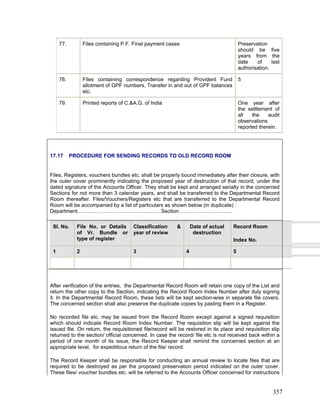 77. Files containing P.F. Final payment cases Preservation
should be five
years from the
date of last
authorisation.
78. Files containing correspondence regarding Provident Fund
allotment of GPF numbers, Transfer in and out of GPF balances
etc.
5
79. Printed reports of C.&A.G. of India One year after
the settlement of
all the audit
observations
reported therein.
17.17 PROCEDURE FOR SENDING RECORDS TO OLD RECORD ROOM
Files, Registers, vouchers bundles etc. shall be properly bound immediately after their closure, with
the outer cover prominently indicating the proposed year of destruction of that record, under the
dated signature of the Accounts Officer. They shall be kept and arranged serially in the concerned
Sections for not more than 3 calendar years, and shall be transferred to the Departmental Record
Room thereafter. Files/Vouchers/Registers etc that are transferred to the Departmental Record
Room will be accompanied by a list of particulars as shown below (in duplicate) :
Department…………………………………………Section………………………….
Sl. No. File No. or Details
of Vr. Bundle or
type of register
Classification &
year of review
Date of actual
destruction
Record Room
Index No.
1 2 3 4 5
After verification of the entries, the Departmental Record Room will retain one copy of the List and
return the other copy to the Section, indicating the Record Room Index Number after duly signing
it. In the Departmental Record Room, these lists will be kept section-wise in separate file covers.
The concerned section shall also preserve the duplicate copies by pasting them in a Register.
No recorded file etc. may be issued from the Record Room except against a signed requisition
which should indicate Record Room Index Number. The requisition slip will be kept against the
issued file. On return, the requisitioned file/record will be restored in its place and requisition slip
returned to the section/ official concerned. In case the record/ file etc is not received back within a
period of one month of its issue, the Record Keeper shall remind the concerned section at an
appropriate level, for expeditious return of the file/ record.
The Record Keeper shall be responsible for conducting an annual review to locate files that are
required to be destroyed as per the proposed preservation period indicated on the outer cover.
These files/ voucher bundles etc. will be referred to the Accounts Officer concerned for instructions
357
 