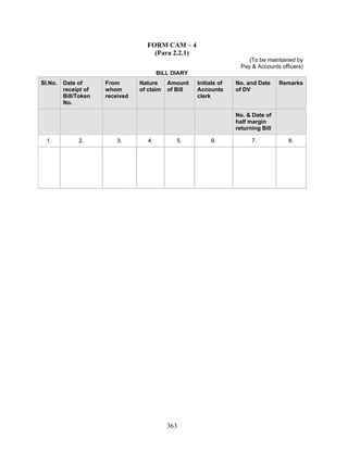 FORM CAM – 4
(Para 2.2.1)
(To be maintained by
Pay & Accounts officers)
BILL DIARY
Sl.No. Date of
receipt of
Bill/Token
No.
From
whom
received
Nature
of claim
Amount
of Bill
Initials of
Accounts
clerk
No. and Date
of DV
Remarks
No. & Date of
half margin
returning Bill
1. 2. 3. 4. 5. 6. 7. 8.
363
 