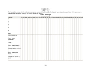 FORM CAM - 5
(Para 2.2.1)
The form will be printed with the first column containing numbers 01 to 99 and 00, the digits for hundred and thousand being left to be entered in
manuscript at the top and bottom of the column by the clerk using it..
TOKEN REGISTER
………………….20
Token No. 1st 2nd 3rd 4th 5th 6th 7th 8th 9th 10th 11th 12th 13th 14th 15th 16th 17th 18th 19th 20th 21st 22nd 23rd 24th 25th 26th 27th 28th 29th 30th 31st
1
2
3
4
5
6 etc
Opening balance
No. of tokens
redeemed
Total….
No. of tokens issued….
Closing balance in hand
…
No. of tokens not in
hand ..
Total No. of Tokens in
stock
364
 