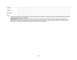 Cashier*
Initials of ….
Bill receiver
G.O.
• In token of verification of the closing balance by actual counting and of agreement of the total number of unredeemed tokens with the total
number of bills outstanding in the office.
EXPLANATION - Against the number of the token issued, enter in the column of the ‘Date’ on which it is issued the first letter of the
payment Section to which the bill has been sent and the number of the major head of charge. Against all tokens received back enter the
letter (“R”) (i.e. Redeemed) the column of the “Date” on which they were redeemed.
365
 