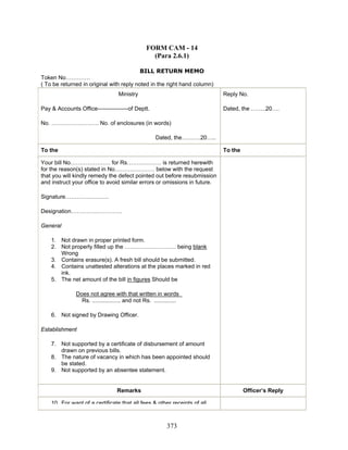 FORM CAM - 14
(Para 2.6.1)
BILL RETURN MEMO
Token No………….
( To be returned in original with reply noted in the right hand column)
Ministry
Pay & Accounts Office----------------of Deptt.
No. ……………………. No. of enclosures (in words)
Dated, the……….20…..
Reply No.
Dated, the ……..20….
To the To the
Your bill No………………… for Rs……………… is returned herewith
for the reason(s) stated in No………………… below with the request
that you will kindly remedy the defect pointed out before resubmission
and instruct your office to avoid similar errors or omissions in future.
Signature…………………..
Designation………………………
General
1. Not drawn in proper printed form.
2. Not properly filled up the ……………………… being blank
Wrong
3. Contains erasure(s). A fresh bill should be submitted.
4. Contains unattested alterations at the places marked in red
ink.
5. The net amount of the bill in figures Should be
Does not agree with that written in words
Rs. .................. and not Rs. ..............
6. Not signed by Drawing Officer.
Establishment
7. Not supported by a certificate of disbursement of amount
drawn on previous bills.
8. The nature of vacancy in which has been appointed should
be stated.
9. Not supported by an absentee statement.
Remarks Officer’s Reply
10 For want of a certificate that all fees & other receipts of all
373
 