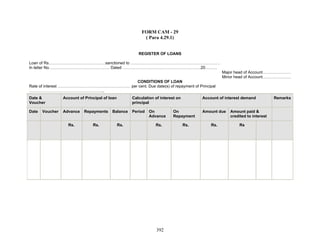 FORM CAM - 29
( Para 4.29.1)
REGISTER OF LOANS
Loan of Rs……………………………………sanctioned to …………………………………………………………
In letter No……………………………………… Dated ………………………………………………….20………
Major head of Account…………………
Minor head of Account…………………
CONDITIONS OF LOAN
Rate of interest ……………………………………………… per cent. Due date(s) of repayment of Principal
………………………………………………..
Date &
Voucher
Account of Principal of loan Calculation of interest on
principal
Account of interest demand Remarks
Date Voucher Advance Repayments Balance Period On
Advance
On
Repayment
Amount due Amount paid &
credited to interest
Rs. Rs. Rs. Rs. Rs. Rs. Rs
392
 