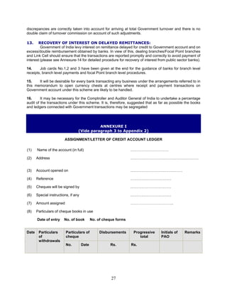 discrepancies are correctly taken into account for arriving at total Government turnover and there is no
double claim of turnover commission on account of such adjustments.
13. RECOVERY OF INTEREST ON DELAYED REMITTANCES:
Government of India levy interest on remittance delayed for credit to Government account and on
excess/double reimbursement obtained by banks. In view of this, dealing branches/Focal Point branches
and Link Cell should ensure that the transactions are reported promptly and correctly to avoid payment of
interest (please see Annexure-14 for detailed procedure for recovery of interest from public sector banks).
14. Job cards No.1,2 and 3 have been given at the end for the guidance of banks for branch level
receipts, branch level payments and focal Point branch level procedures.
15. It will be desirable for every bank transacting any business under the arrangements referred to in
this memorandum to open currency chests at centres where receipt and payment transactions on
Government account under this scheme are likely to be handled.
16. It may be necessary for the Comptroller and Auditor General of India to undertake a percentage
audit of the transactions under this scheme. It is, therefore, suggested that as far as possible the books
and ledgers connected with Government transactions may be segregated
ANNEXURE I
(Vide paragraph 3 to Appendix 2)
ASSIGNMENT/LETTER OF CREDIT ACCOUNT LEDGER
(1) Name of the account (in full) ………………………….
(2)
(3) Account opened on ……………………………………
(4) Reference ……………………………
(5) Cheques will be signed by ……………………………
(6) Special instructions, if any ……………………………
(7) Amount assigned ……………………………..
(8) Particulars of cheque books in use
Date of entry No. of book No. of cheque forms
Address ……………………………………………….
Particulars of
cheque
Disbursements Progressive
total
Initials of
PAO
Remarks
Date Particulars
of
withdrawals
No. Date Rs. Rs.
27
 