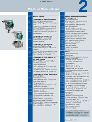 © Siemens AG 2010




Pressure Measurement

2/2     Product overview                                   Remote seals for transmitters and
                                                           pressure gauges
        Transmitters for basic requirements        2/150   Technical description
2/4     SITRANS P Z for gauge pressure                     Diaphragm seals of sandwich design
2/6     SITRANS P Z for gauge and absolute pres-   2/158   - with flexible capillary
        sure                                               Diaphragm seals of flange design
2/13    SITRANS P250 for differential pressure     2/161   - with flexible capillary
2/18    SITRANS P MPS (submersible sensor)         2/164   - directly fitted on transmitter
        Transmitter for hydrostatic level          2/167   - fixed connection and with capillary
2/22    SITRANS P Compact for gauge and ab-                Diaphragm seal, screwed design
        solute pressure                            2/170   - directly mounted or/and with capillary
                                                   2/173   Quick-release diaphragm seals
        Transmitters for pressure with             2/177   Miniature diaphragm seals
        WirelessHART communication                 2/179   Flushing rings for diaphragm seals
2/29    SITRANS P280 for gauge and                 2/181   Inline seals for flange-mounting
        absolute pressure                          2/184   Quick-release inline seals
        Transmitters for food, pharma-             2/187   Measuring setups
        ceuticals and biotechnology                2/188   - with remote seals
2/34    SITRANS P300 for gauge and absolute        2/190   - without remote seals
        pressure                                   2/192   Questionnaire
2/54    SITRANS P300 Accessories/Spare parts               Fittings
2/55    SITRANS P300 - Factory-mounting of         2/195   Technical description
        valve manifolds on transmitters            2/196   Selection aid
        Transmitters for gauge pressure for                Shut-off valves for gauge and absolute
                                                           pressure transmitters
        the paper industry                         2/198   - Shut-off valves to DIN 16270,
        SITRANS P DS III and SITRANS P300                    DIN 16271 and DIN 16272
        with PMC connection                        2/200   - Angle adapter
2/57    Technical description                      2/201   - Double shut-off valves
        Technical specifications, ordering data,   2/202   - Accessories for shut-off
        dimensional drawings                                 valves/double shut-off valves
2/62    - SITRANS P DS III with PMC connection             Shut-off valves for differential pressure
2/68    - SITRANS P300 with PMC connection                 transmitters
                                                   2/203   - 2-, 3- and 5-spindle valve manifolds DN 5
        Transmitters for general requirements      2/206   - Multiway cocks PN 100
        SITRANS P DS III                           2/208   - 3-way and 5-way valve manifolds DN 5
2/74    Technical description                      2/211   - 3-way valve manifold DN 8
        Technical specifications, ordering data,   2/214   - Valve manifold combination DN 5/DN 8
        dimensional drawings                       2/216   - Valve manifold combination DN 8
2/81    - for gauge pressure                       2/218   - 2-, 3- and 5-spindle valve manifolds
2/89    - for gauge and absolute pressure with               for installing in protective boxes
          front-flush diaphragm                    2/222   - 3- and 5-spindle valve manifolds for
2/100   - for absolute pressure (from gauge                  vertical angular diff. pressure lines
          pressure series)                         2/225   - Low-pressure multiway cock
2/108   - for absolute pressure                            Accessories
          (from differential pressure series)      2/227   - Oval flange
2/117   - for differential pressure and flow       2/228   - Adapters, connection glands
2/130   - for level                                2/229   - Connection pieces, connection gland
2/139   SITRANS P DS III Supplementary             2/230   - Connection parts G½
        electronics for 4-wire connection          2/231   - Water traps, Sealing rings to EN 837-1
2/141   SITRANS P DS III Accessories/Spare parts   2/232   - Pressure surge reducers
2/147   SITRANS P DS III - Factory-mounting of     2/233   - Primary shut-off valves
        valve manifolds on transmitters            2/235   - Compensation vessels
                                                   2/236   - Connection parts

                                                           You can download all instructions,
                                                           catalogs and certificates for SITRANS P
                                                           free of charge at the following Internet
                                                           address: www.siemens.com/sitransp


                                                           Siemens FI01 · 2011
 