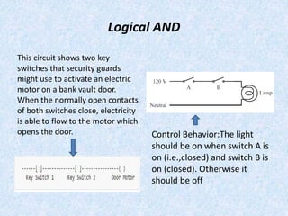 Logical AND
This circuit shows two key
switches that security guards
might use to activate an electric
motor on a bank vault door.
When the normally open contacts
of both switches close, electricity
is able to flow to the motor which
opens the door. Control Behavior:The light
should be on when switch A is
on (i.e.,closed) and switch B is
on (closed). Otherwise it
should be off
 