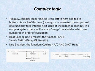 Complex logic
• Typically, complex ladder logic is 'read' left to right and top to
bottom. As each of the lines (or rungs) are evaluated the output coil
of a rung may feed into the next stage of the ladder as an input. In a
complex system there will be many "rungs" on a ladder, which are
numbered in order of evaluation.
• Heat Cooling Line 1 realizes the function: A/C =
Switch AND (HiTemp OR Humid )
• Line 2 realizes the function: Cooling = A/C AND ( NOT Heat )
 