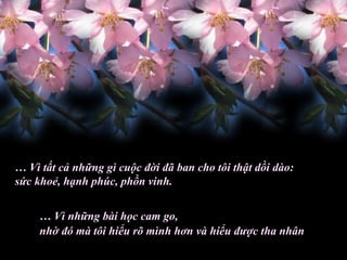 …  Vì tất cả những gì cuộc đời đã ban cho tôi thật dồi dào: sức khoẻ, hạnh phúc, phồn vinh. …  Vì những bài học cam go,  nhờ đó mà tôi hiểu rõ mình hơn và hiểu được tha nhân   