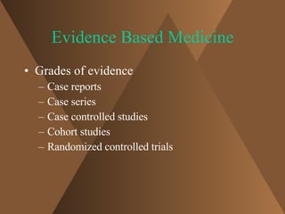 Evidence Based Medicine <ul><li>Grades of evidence </li></ul><ul><ul><li>Case reports </li></ul></ul><ul><ul><li>Case seri...
