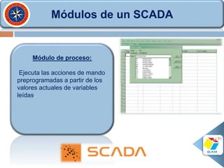 Módulos de un SCADA
Módulo de proceso:
Ejecuta las acciones de mando
preprogramadas a partir de los
valores actuales de variables
leídas.
 