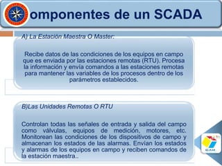 Componentes de un SCADA
A) La Estación Maestra O Master:
Recibe datos de las condiciones de los equipos en campo
que es enviada por las estaciones remotas (RTU). Procesa
la información y envía comandos a las estaciones remotas
para mantener las variables de los procesos dentro de los
parámetros establecidos.
B)Las Unidades Remotas O RTU
Controlan todas las señales de entrada y salida del campo
como válvulas, equipos de medición, motores, etc.
Monitorean las condiciones de los dispositivos de campo y
almacenan los estados de las alarmas. Envían los estados
y alarmas de los equipos en campo y reciben comandos de
la estación maestra..
 