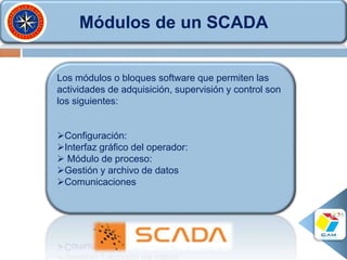 Módulos de un SCADA
Los módulos o bloques software que permiten las
actividades de adquisición, supervisión y control son
los siguientes:
Configuración:
Interfaz gráfico del operador:
 Módulo de proceso:
Gestión y archivo de datos
Comunicaciones
 