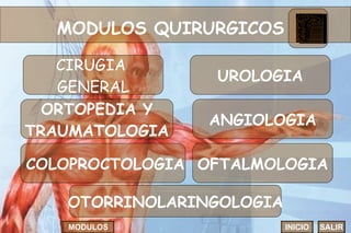 MODULOS QUIRURGICOS   CIRUGIA  GENERAL OTORRINOLARINGOLOGIA OFTALMOLOGIA UROLOGIA ANGIOLOGIA COLOPROCTOLOGIA ORTOPEDIA Y TRAUMATOLOGIA INICIO SALIR MODULOS 