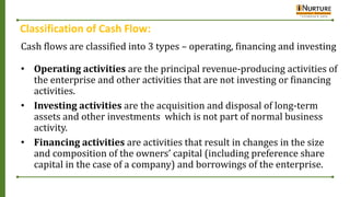 Classification of Cash Flow:
Cash flows are classified into 3 types – operating, financing and investing
• Operating activities are the principal revenue-producing activities of
the enterprise and other activities that are not investing or financing
activities.
• Investing activities are the acquisition and disposal of long-term
assets and other investments which is not part of normal business
activity.
• Financing activities are activities that result in changes in the size
and composition of the owners’ capital (including preference share
capital in the case of a company) and borrowings of the enterprise.
 