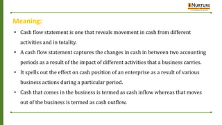Meaning:
• Cash flow statement is one that reveals movement in cash from different
activities and in totality.
• A cash flow statement captures the changes in cash in between two accounting
periods as a result of the impact of different activities that a business carries.
• It spells out the effect on cash position of an enterprise as a result of various
business actions during a particular period.
• Cash that comes in the business is termed as cash inflow whereas that moves
out of the business is termed as cash outflow.
 