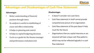 Advantages and Disadvantages of Cash Flow Statement:
Advantages
• Better understanding of financial
position through ratios
• Its analysis is useful in establishing of
cause and effect relationship
• It helps in planning and control
• It helps in capital budgeting decisions
• It acts as a guide for the finance manager
and performance evaluation tool
Disadvantages
• It doesn’t consider non-cash items
• Cash flow statement in itself cannot provide
comprehensive picture of an organization
• Cash flow statement of the past doesn’t help
much for the future
• Organizations that are capital intensive or are
seasonal will have unique cash flow patterns
which may not be reflected logically in a cash
flow statement
 