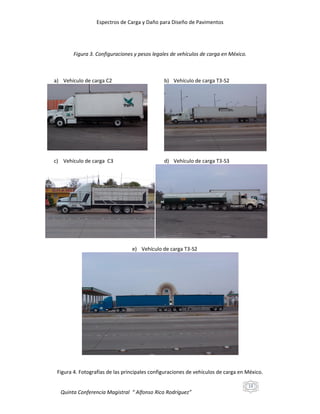 Espectros de Carga y Daño para Diseño de Pavimentos

Figura 3. Configuraciones y pesos legales de vehículos de carga en México.

a) Vehículo de carga C2

b) Vehículo de carga T3-S2

c) Vehículo de carga C3

d) Vehículo de carga T3-S3

e) Vehículo de carga T3-S2

Figura 4. Fotografías de las principales configuraciones de vehículos de carga en México.
13

Quinta Conferencia Magistral “ Alfonso Rico Rodríguez”

 