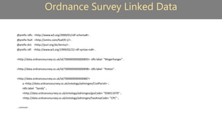Ordnance Survey Linked Data
@prefix rdfs: <http://www.w3.org/2000/01/rdf-schema#> .
@prefix foaf: <http://xmlns.com/foaf/0.1/> .
@prefix dct: <http://purl.org/dc/terms/> .
@prefix rdf: <http://www.w3.org/1999/02/22-rdf-syntax-ns#> .
<http://data.ordnancesurvey.co.uk/id/7000000000000893> rdfs:label "Mogerhanger" .
<http://data.ordnancesurvey.co.uk/id/7000000000000898> rdfs:label "Potton" .
<http://data.ordnancesurvey.co.uk/id/7000000000000887>
a <http://data.ordnancesurvey.co.uk/ontology/admingeo/CivilParish> ;
rdfs:label "Sandy" ;
<http://data.ordnancesurvey.co.uk/ontology/admingeo/gssCode> "E04011979" ;
<http://data.ordnancesurvey.co.uk/ontology/admingeo/hasAreaCode> "CPC" ;
… continued …
 