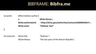 BIBFRAME: Bibfra.me
ex:work1 bflite+relation:author [
a bfLite:Person ;
bfLite:authorityLink <http://id.loc.gov/authorities/names/nb2004033017> ;
bfLite:name “Holland, Tom”
]
Ex:instance1 bfLite:title “Rubicon” ;
bfLite+library “the last years of the Roman Republic” .
 