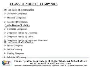Chanderprabhu Jain College of Higher Studies & School of Law
Plot No. OCF, Sector A-8, Narela, New Delhi – 110040
(Affiliated to Guru Gobind Singh Indraprastha University and Approved by Govt of NCT of Delhi & Bar Council of India)
CLASSIFICATION OF COMPANIES
On the Basis of Incorporation
 Chartered Companies
 Statutory Companies
 Registered Companies
On the Basis of Liability
 Unlimited Companies
 Companies limited by Guarantee
 Companies limited by shares
 Companies limited by shares and Guarantee
On the Basis of Membership
 Private Company
 Public Company
 Holding Company
 Subsidiary Company
 