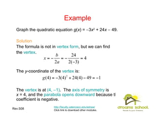 Rev.S08 13
Example
http://faculty.valenciacc.edu/ashaw/
Click link to download other modules.
Graph the quadratic equation g(x) = −3x2
+ 24x − 49.
Solution
The formula is not in vertex form, but we can find
the vertex.
The y-coordinate of the vertex is:
The vertex is at (4, −1). The axis of symmetry is
x = 4, and the parabola opens downward because the leading
coefficient is negative.
 