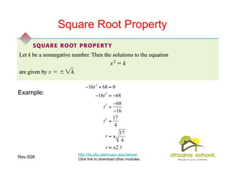 Rev.S08 21
Square Root Property
http://faculty.valenciacc.edu/ashaw/
Click link to download other modules.
Example:
 