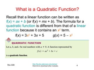 Rev.S08 4
What is a Quadratic Function?
Recall that a linear function can be written as
f(x) = ax + b (or f(x) = mx + b). The formula for a
quadratic function is different from that of a linear
function because it contains an x2
term.
f(x) = 3x2
+ 3x + 5 g(x) = 5 − x2
http://faculty.valenciacc.edu/ashaw/
Click link to download other modules.
 