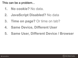 1. No cookie? No data.
2. JavaScript Disabled? No data
3. Time on page? Or time on tab?
4. Same Device, Different User
5. Same User, Different Device / Browser
This can be a problem...
@crestodina
 