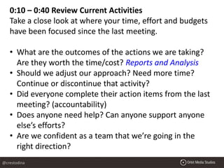 0:10 – 0:40 Review Current Activities
Take a close look at where your time, effort and budgets
have been focused since the last meeting.
• What are the outcomes of the actions we are taking?
Are they worth the time/cost? Reports and Analysis
• Should we adjust our approach? Need more time?
Continue or discontinue that activity?
• Did everyone complete their action items from the last
meeting? (accountability)
• Does anyone need help? Can anyone support anyone
else’s efforts?
• Are we confident as a team that we’re going in the
right direction?
@crestodina
 